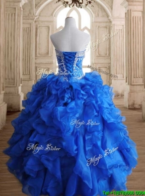 Romantic Beaded and Ruffled Royal Blue Sweet 16 Dress in Organza