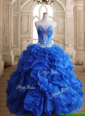 Romantic Beaded and Ruffled Royal Blue Sweet 16 Dress in Organza