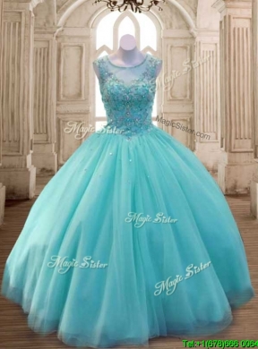 See Through Scoop Aqua Blue Quinceanera Dress with Beading for Spring