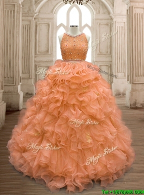 See Through Scoop Beaded and Ruffles Quinceanera Dress in Orange