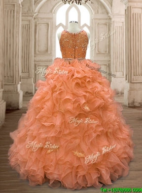 See Through Scoop Beaded and Ruffles Quinceanera Dress in Orange