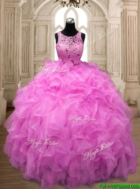 See Through Scoop Hot Pink Sweet 16 Dress with Beading and Ruffles