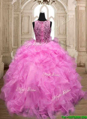 See Through Scoop Hot Pink Sweet 16 Dress with Beading and Ruffles