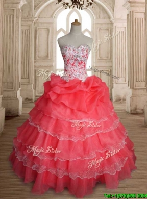 Sweet Beaded and Ruffled Layers Quinceanera Dress in Coral Red