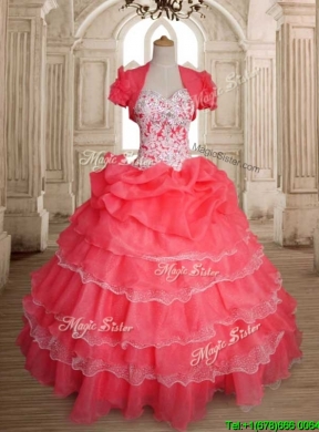 Sweet Beaded and Ruffled Layers Quinceanera Dress in Coral Red