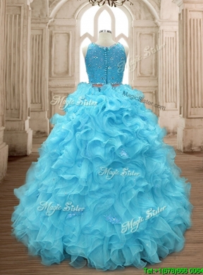 Two Piece Scoop Beaded and Ruffles Quinceanera Dress in Baby Blue