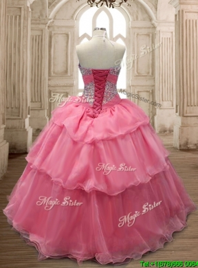 Unique Watermelon Red Organza Quinceanera Dress with Beading and Ruffled Layers