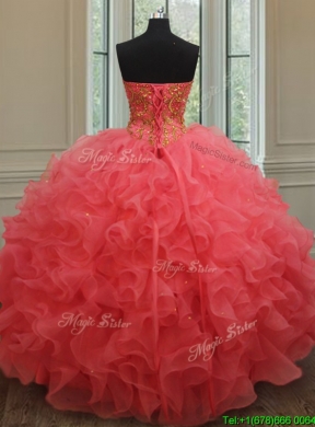 2017 Best Really Puffy Beaded and Ruffled Organza Quinceanera Gown in Coral Red