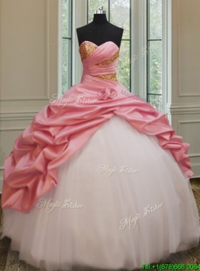 2017 Perfect Beaded and Bubble Watermelon and White Quinceanera Dress in Taffeta and Tulle