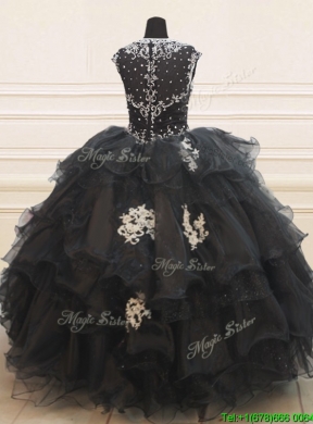 Lovely See Through Back Wide Straps Beaded Applique Black Quinceanera Dress