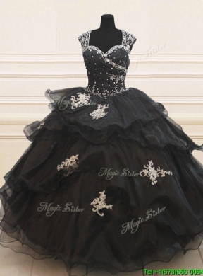 Lovely See Through Back Wide Straps Beaded Applique Black Quinceanera Dress