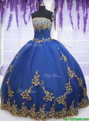 Low Price Strapless Zipper Up Blue Quinceanera Gown with Gold Appliques