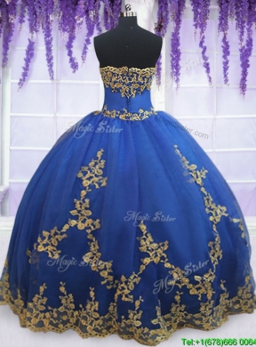 Low Price Strapless Zipper Up Blue Quinceanera Gown with Gold Appliques