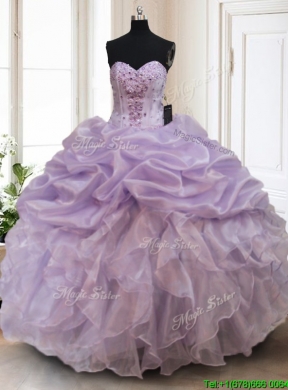 Luxurious Organza Lavender Sweet 16 Dress with Bubbles and Ruffles