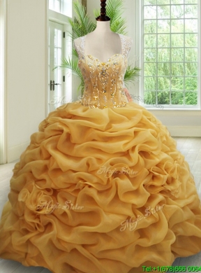 Visible Boning See Through Back Brush Train Beaded Quinceanera Dress in Gold