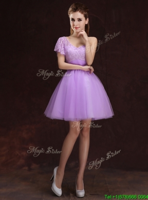 2017 Fashionable Lilac Short Prom Dress with Lace and Ruching