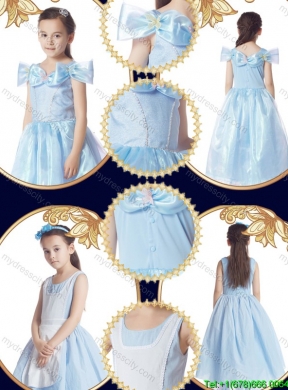 Fashionable Light Blue Bowknot Detachable Sleeves Halloween Little Girl Pageant Dress with Scoop