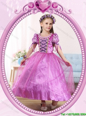 Halloween Ball Gown Scoop Ankle-length Short Sleeves Little Girl Pageant Dress with Beading