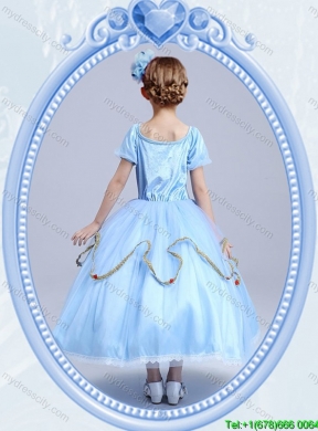 Halloween Cheap Hand Made Flower Short Sleeves Little Girl Pageant Dress in Light Blue