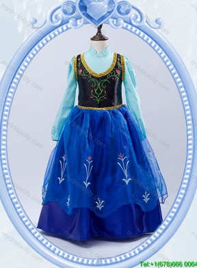 Halloween Discount High Neck Royal Blue Long Little Girl Pageant Dress with Embroidery