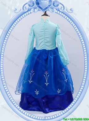 Halloween Discount High Neck Royal Blue Long Little Girl Pageant Dress with Embroidery