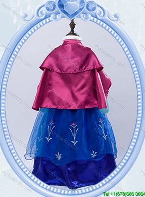 Halloween Discount High Neck Royal Blue Long Little Girl Pageant Dress with Embroidery