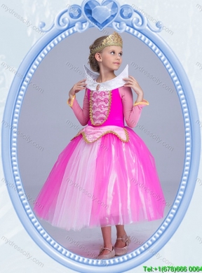 Halloween Elegant Tea Length Hot Pink Little Girl Pageant Dress with Long Sleeves