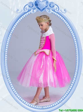 Halloween Elegant Tea Length Hot Pink Little Girl Pageant Dress with Long Sleeves