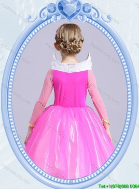 Halloween Elegant Tea Length Hot Pink Little Girl Pageant Dress with Long Sleeves