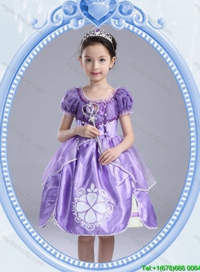 Halloween Fashionable Short Sleeves Lavender Little Girl Pageant Dress with Pattern and Bowknot