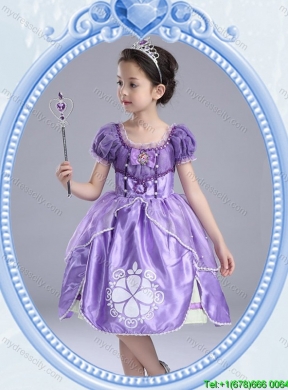 Halloween Fashionable Short Sleeves Lavender Little Girl Pageant Dress with Pattern and Bowknot