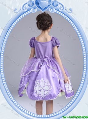 Halloween Fashionable Short Sleeves Lavender Little Girl Pageant Dress with Pattern and Bowknot