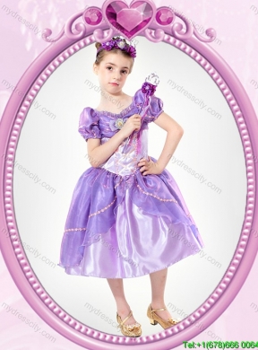 Puffy V-neck Beaded Lavender Halloween Little Girl Pageant Dress with Short Sleeves