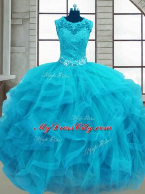 Sumptuous Baby Blue Ball Gowns Beading and Ruffles Sweet 16 Dress Lace Up Tulle Sleeveless Floor Length