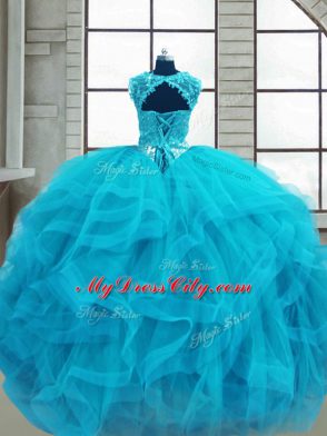 Sumptuous Baby Blue Ball Gowns Beading and Ruffles Sweet 16 Dress Lace Up Tulle Sleeveless Floor Length