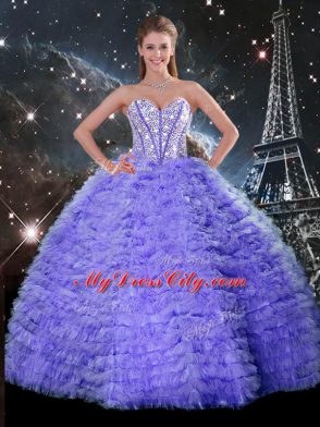 Purple Sleeveless Organza Lace Up Ball Gown Prom Dress for Military Ball and Sweet 16 and Quinceanera