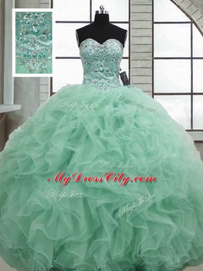 Sleeveless Organza Floor Length Lace Up Sweet 16 Quinceanera Dress in Apple Green with Beading and Ruffles