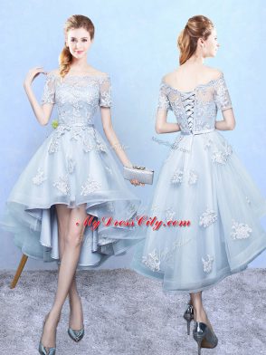 Gorgeous Off The Shoulder Short Sleeves Lace Up Bridesmaid Dresses Light Blue Tulle