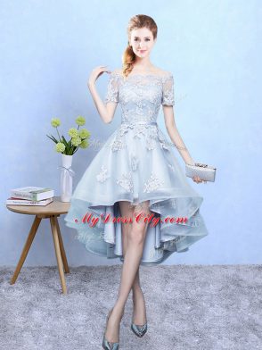 Gorgeous Off The Shoulder Short Sleeves Lace Up Bridesmaid Dresses Light Blue Tulle