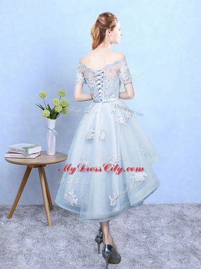 Gorgeous Off The Shoulder Short Sleeves Lace Up Bridesmaid Dresses Light Blue Tulle