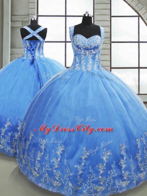 Customized Sweetheart Sleeveless 15 Quinceanera Dress Floor Length Beading and Appliques Baby Blue Tulle