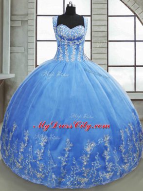 Customized Sweetheart Sleeveless 15 Quinceanera Dress Floor Length Beading and Appliques Baby Blue Tulle