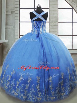 Customized Sweetheart Sleeveless 15 Quinceanera Dress Floor Length Beading and Appliques Baby Blue Tulle