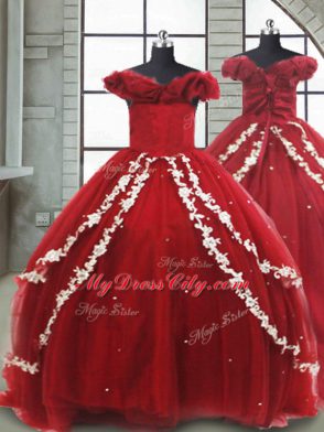 Ideal Off The Shoulder Sleeveless Toddler Flower Girl Dress Brush Train Appliques Wine Red Tulle