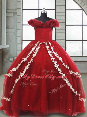 Ideal Off The Shoulder Sleeveless Toddler Flower Girl Dress Brush Train Appliques Wine Red Tulle