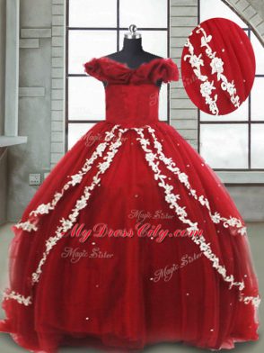 Ideal Off The Shoulder Sleeveless Toddler Flower Girl Dress Brush Train Appliques Wine Red Tulle