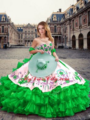 Green Lace Up Quinceanera Gowns Embroidery and Ruffled Layers Sleeveless Floor Length