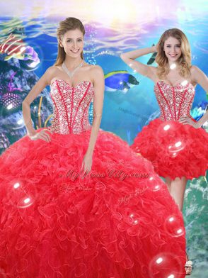 Wonderful Coral Red Ball Gowns Organza Sweetheart Sleeveless Beading and Ruffles Floor Length Lace Up 15 Quinceanera Dress