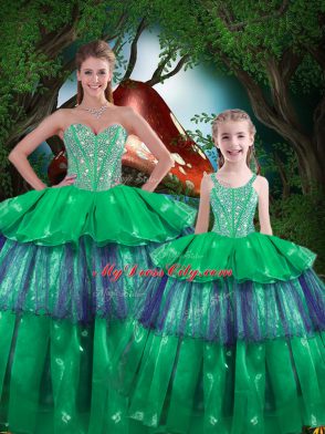 Green Sleeveless Beading and Ruffled Layers Floor Length Quinceanera Gown