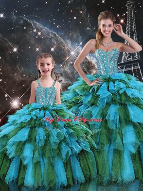 Modest Beading and Ruffles and Ruffled Layers Vestidos de Quinceanera Multi-color Lace Up Sleeveless Floor Length